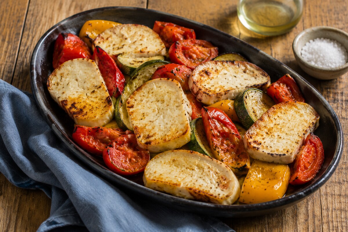 Адыгейский сыр, запечённый с овощами