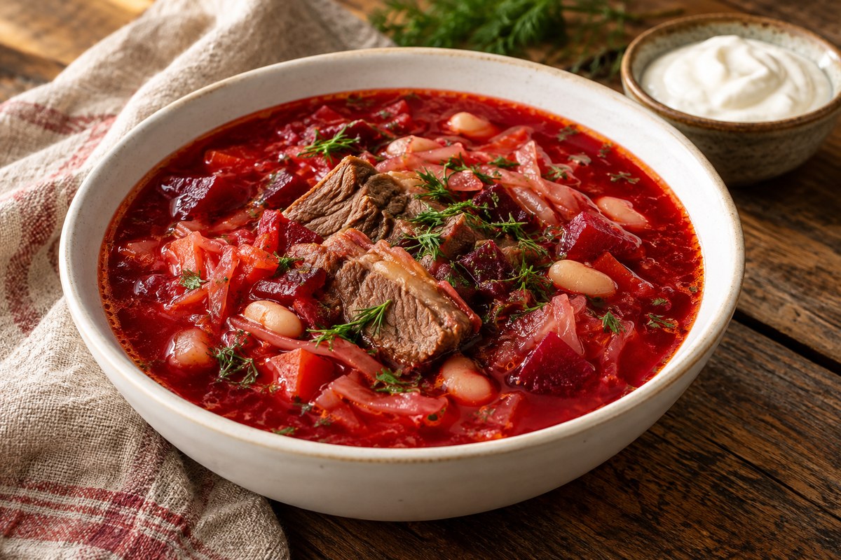 Борщ с говяжьими рёбрышками и фасолью