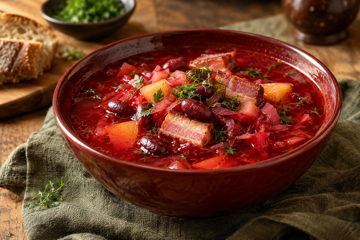 Красный борщ с красной фасолью и копчёной грудинкой