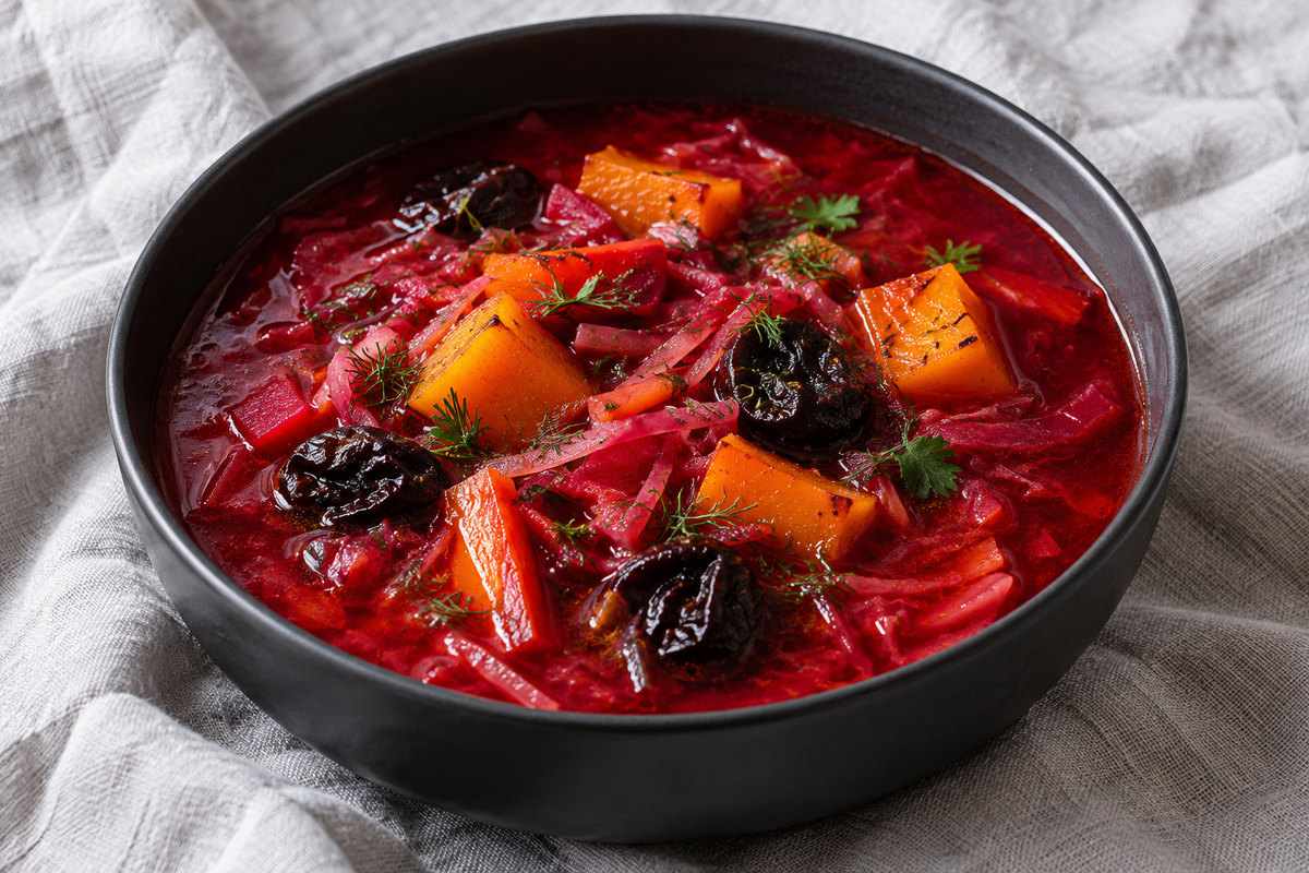 Борщ с печёной тыквой и черносливом