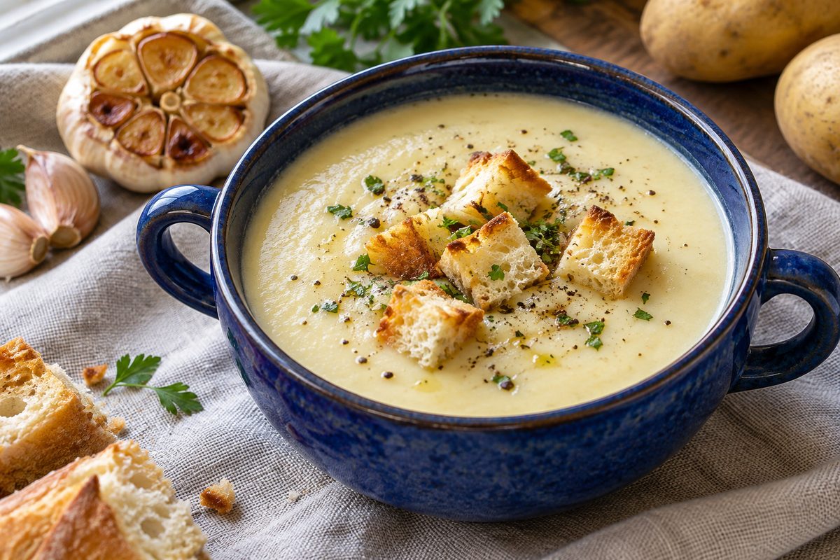 Чесночный суп с картофелем и гренками