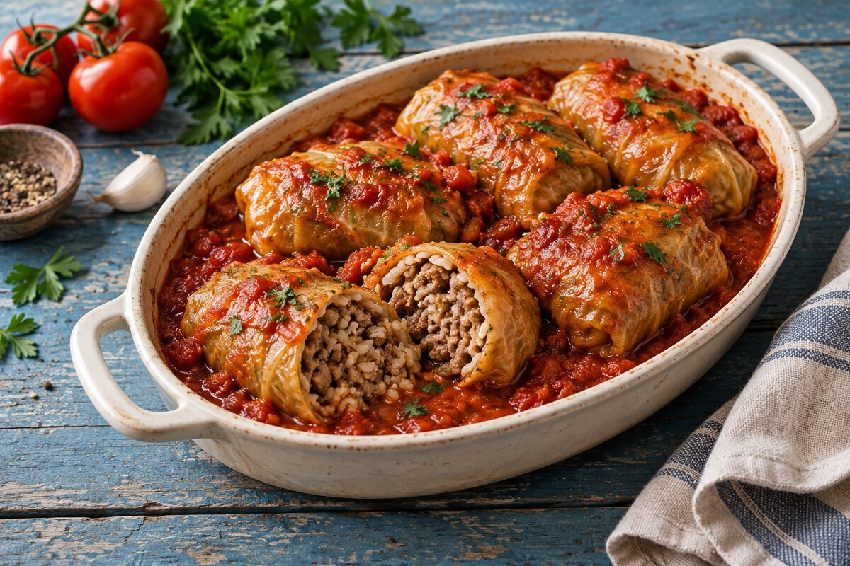 Голубцы с мясом и рисом в томатном соусе
