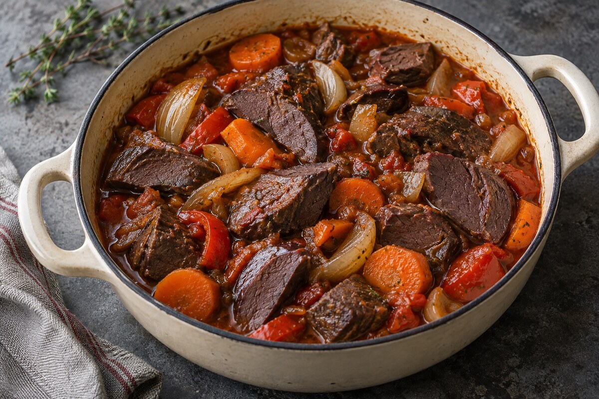 Говяжье сердце, тушённое с овощами