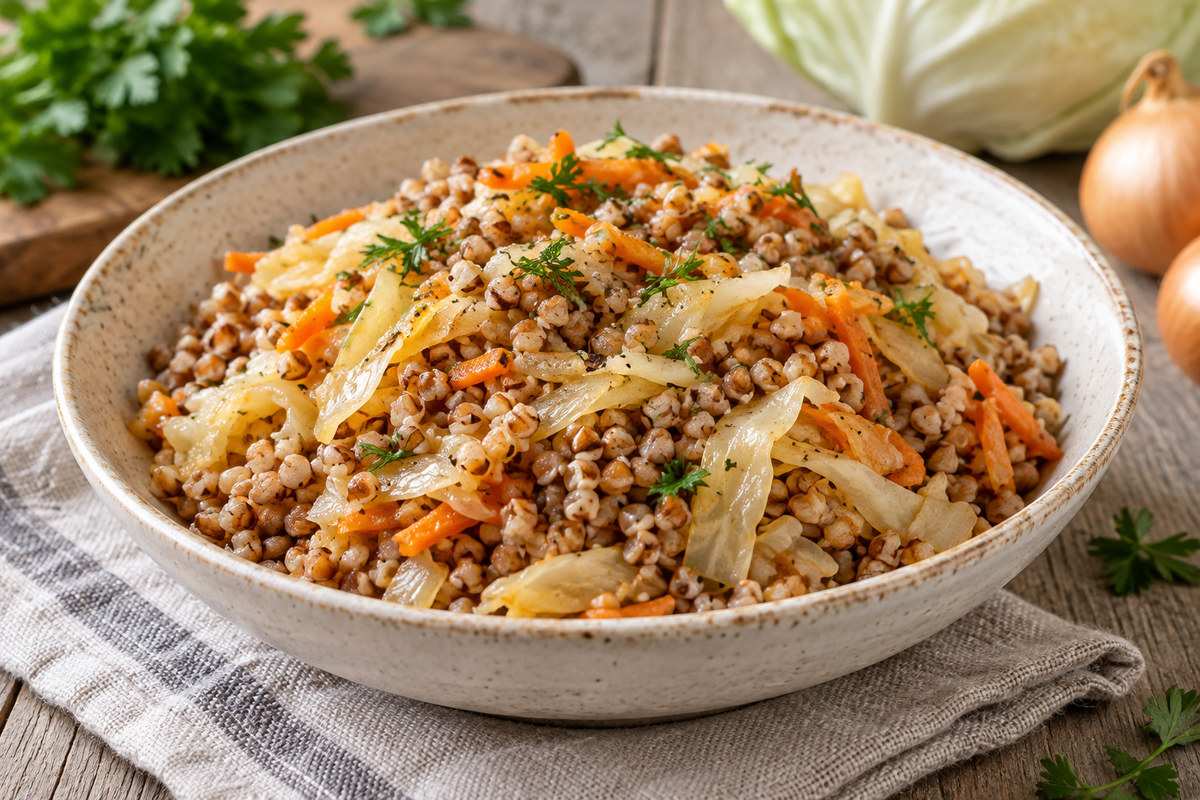 Гречка с тушёной капустой и морковью