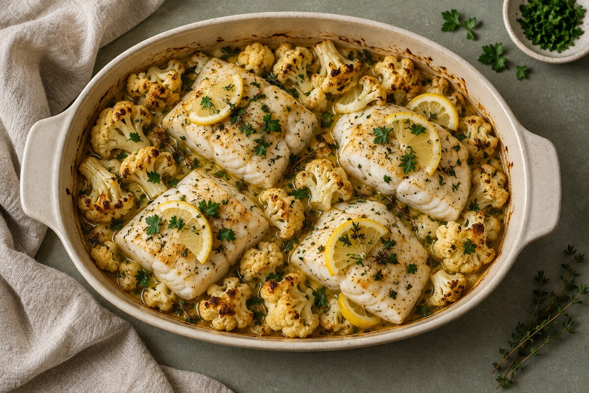Хек, запечённый с цветной капустой