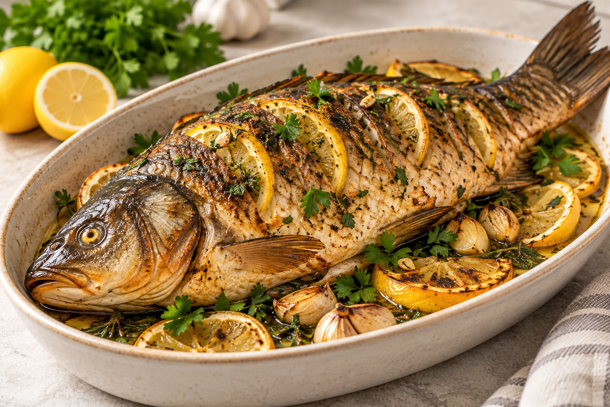 Карп, запечённый с лимоном и травами