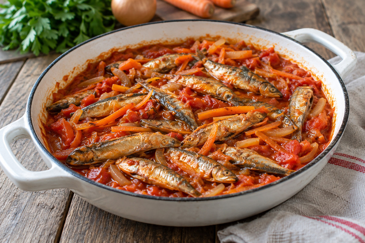 Килька, тушённая с овощами в томате