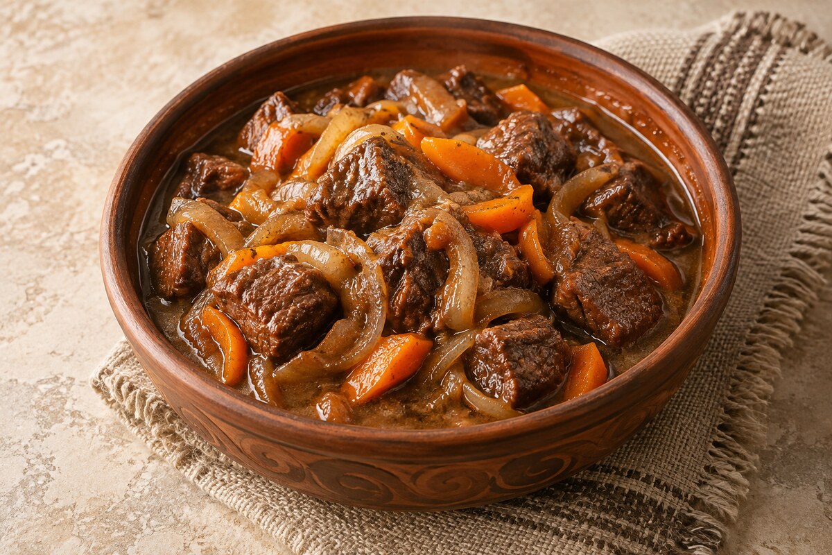 Конина, тушённая с луком и морковью