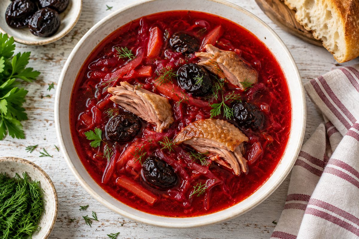 Красный борщ с уткой и черносливом