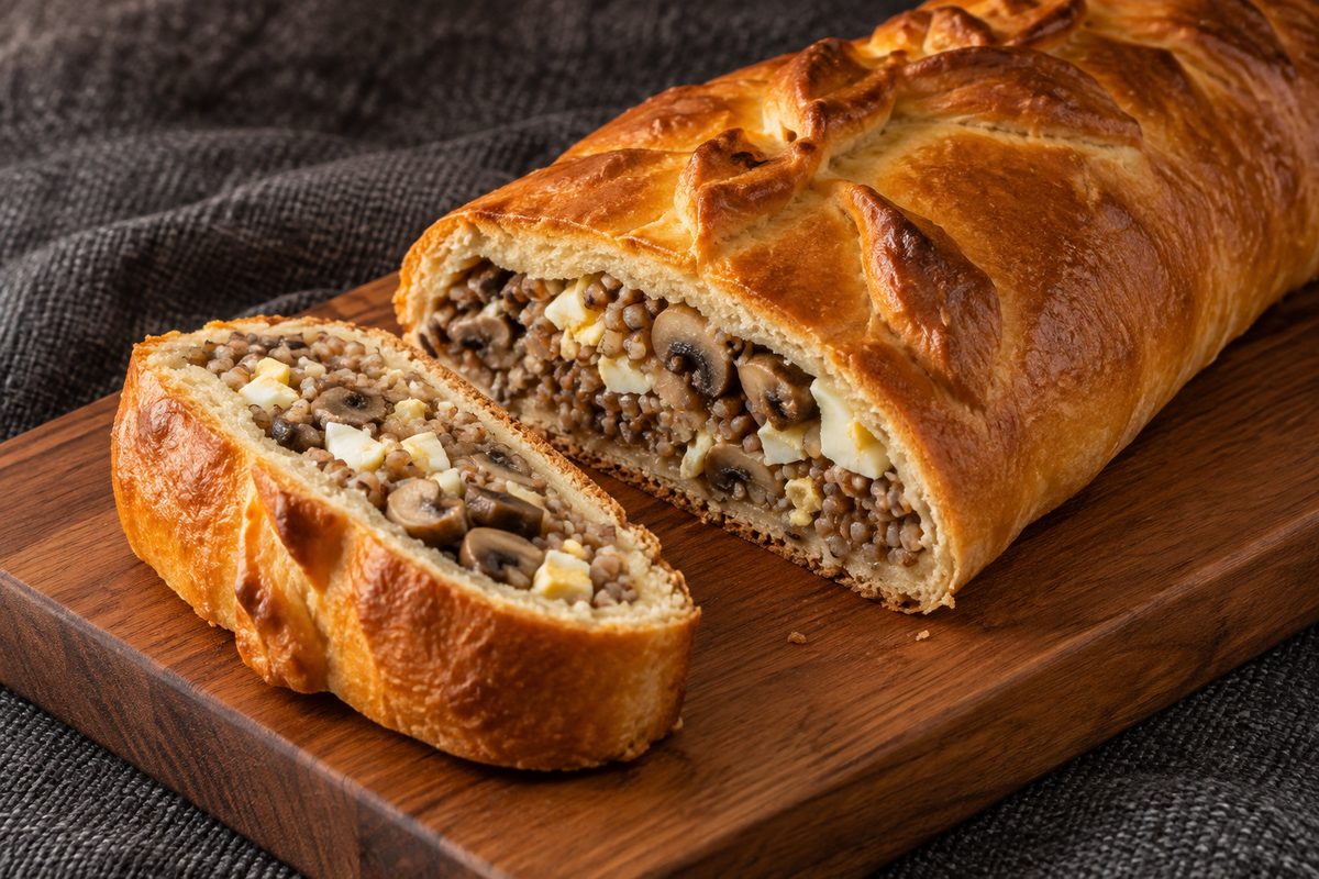 Кулебяка с гречкой, грибами и яйцом