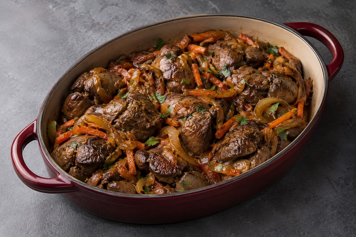 Куриная печень с луком и морковью