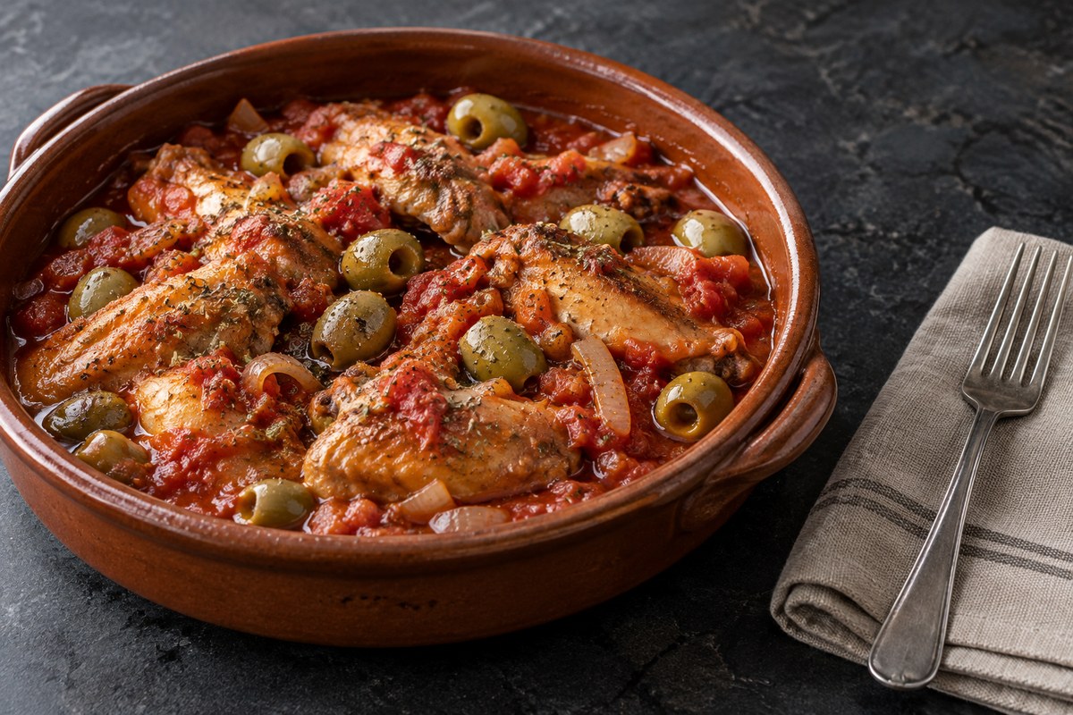 Куриные крылышки, тушённые с томатами и оливками