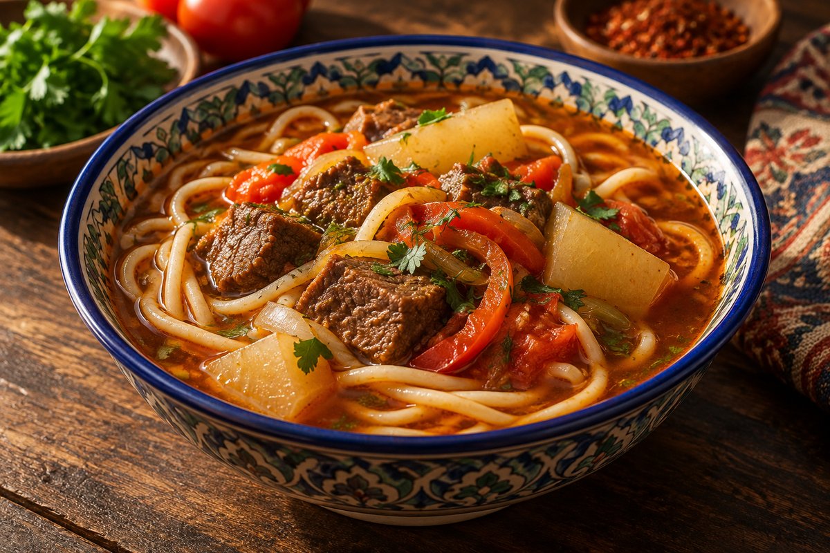 Лагман с говядиной и редькой