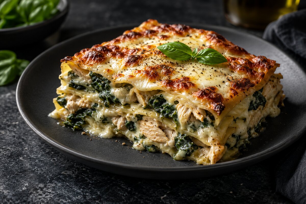 Лазанья с курицей и шпинатом