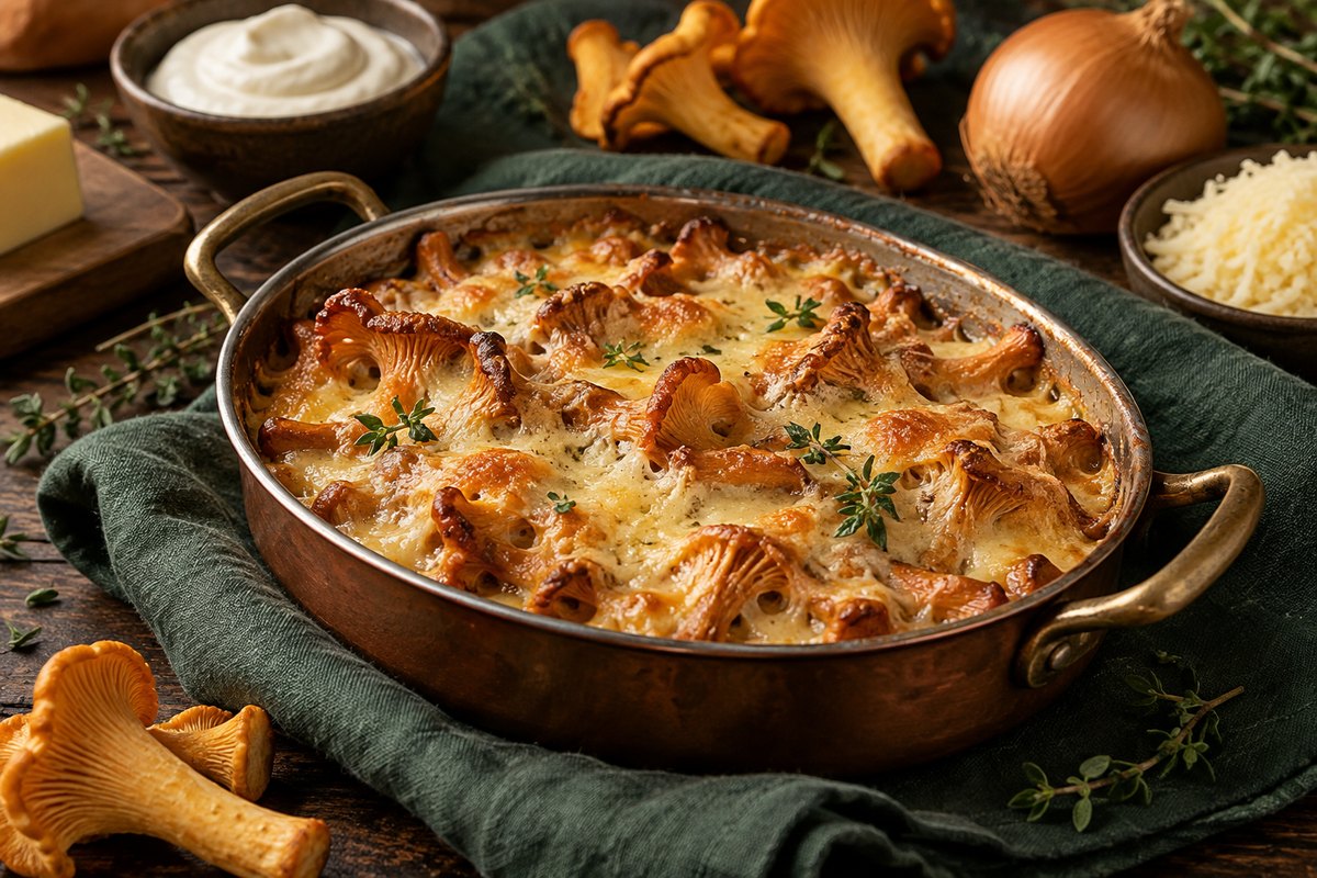 Лисички, запечённые под сырной корочкой