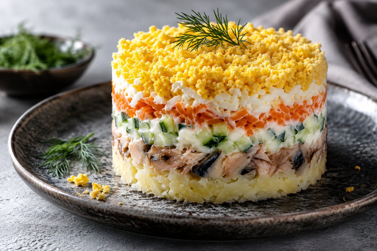 Мимоза с копчёной скумбрией и огурцом