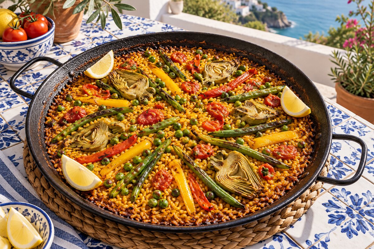 Овощная паэлья с артишоками и фасолью
