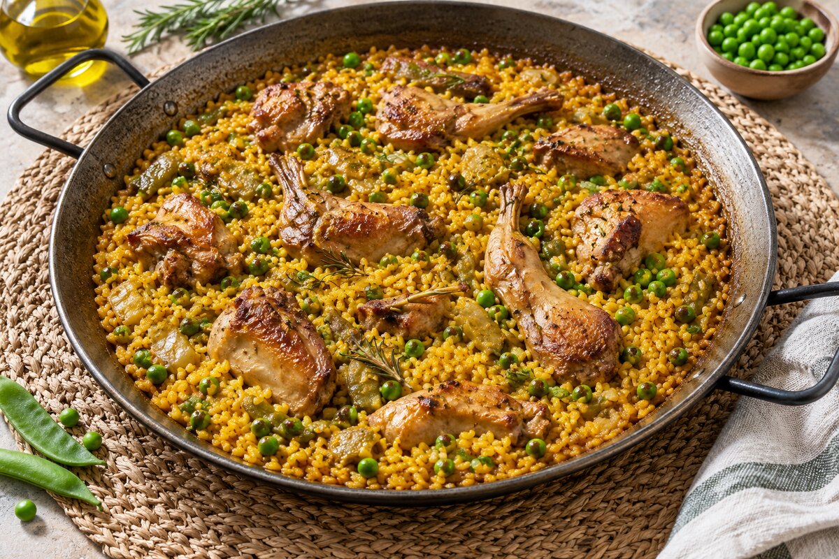 Паэлья с кроликом и зелёным горошком
