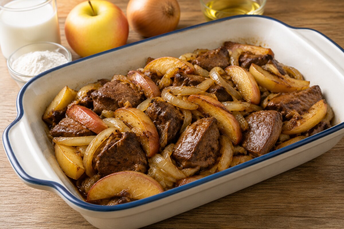 Печень говяжья с луком и яблоком