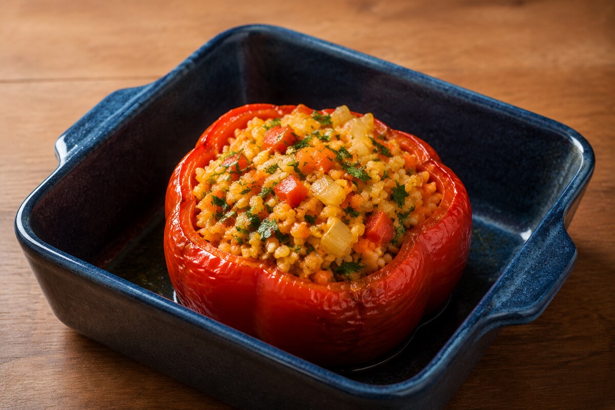 Перец, фаршированный булгуром и овощами