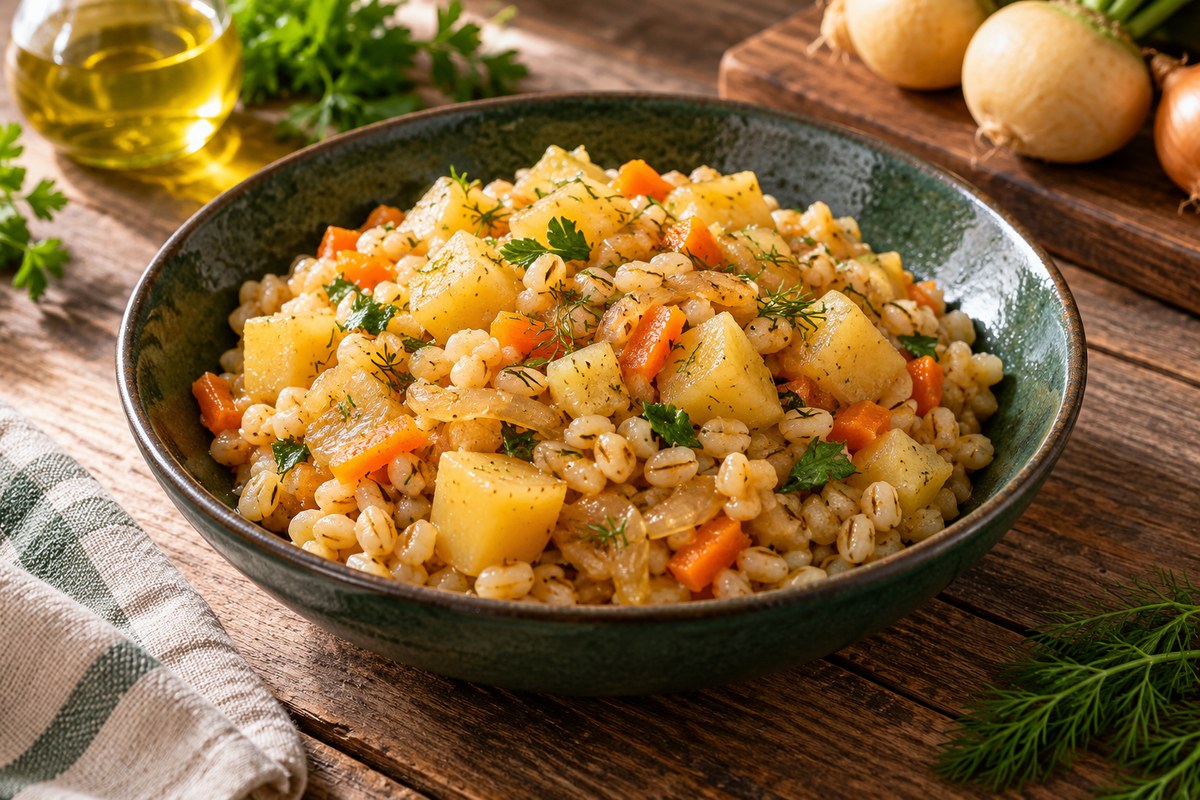 Перловка с тушёной репой и луком