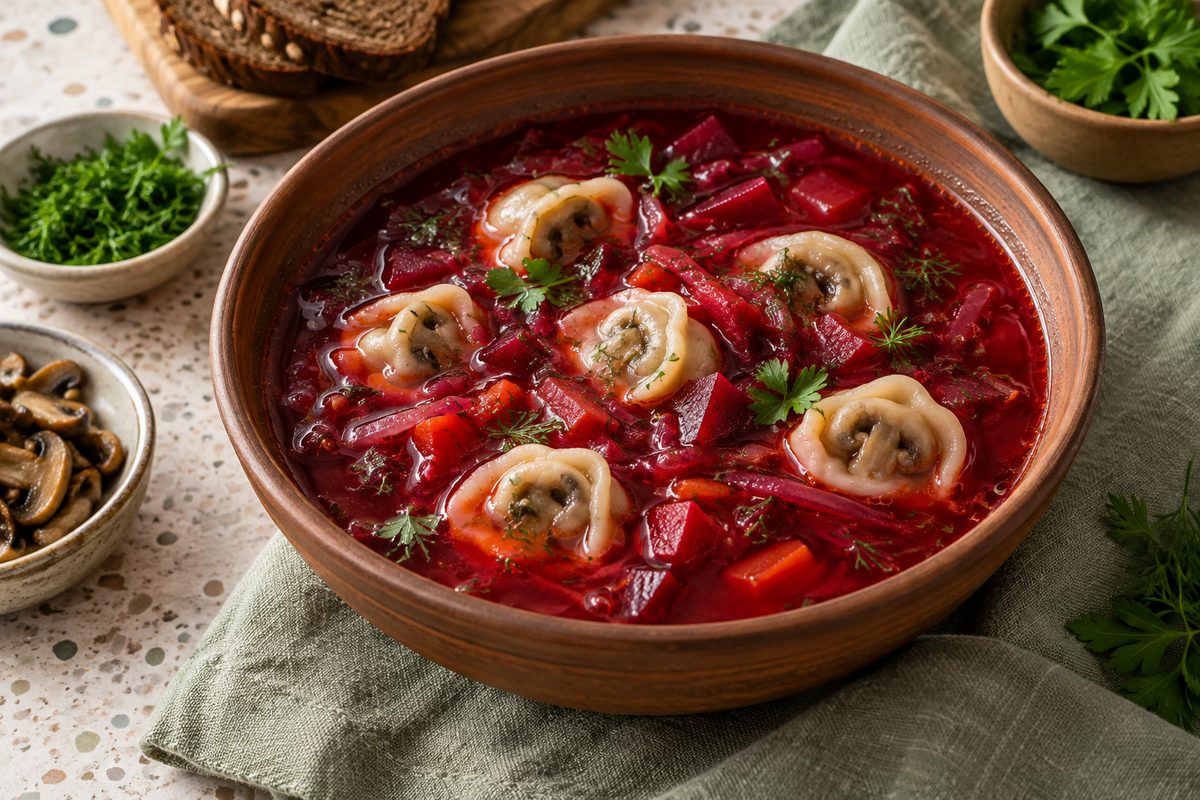 Постный борщ с грибными ушками