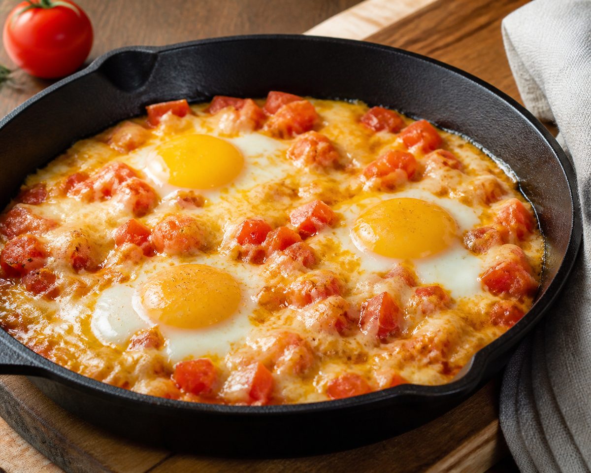 Сытная яичница с помидорами и сыром на сковороде