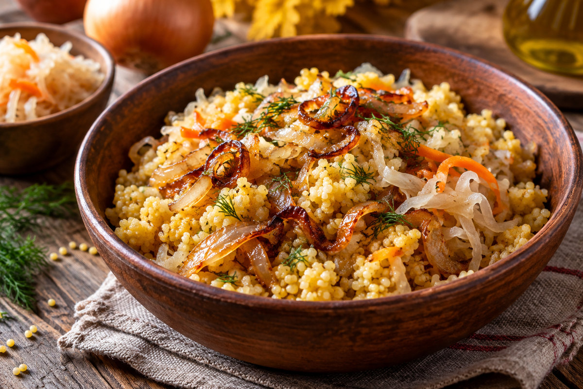 Пшено с карамелизированным луком и квашеной капустой