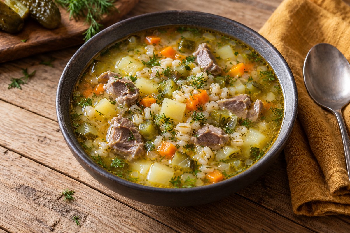 Рассольник с куриными желудочками и перловкой
