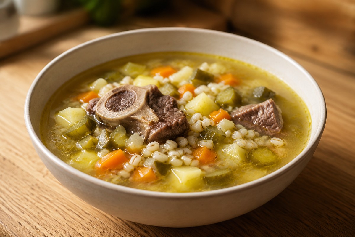 Рассольник с перловкой и солёными огурцами