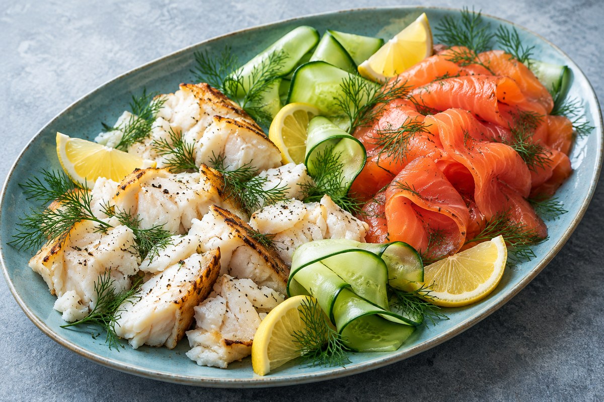 Рыбная тарелка с запечённой треской и форелью