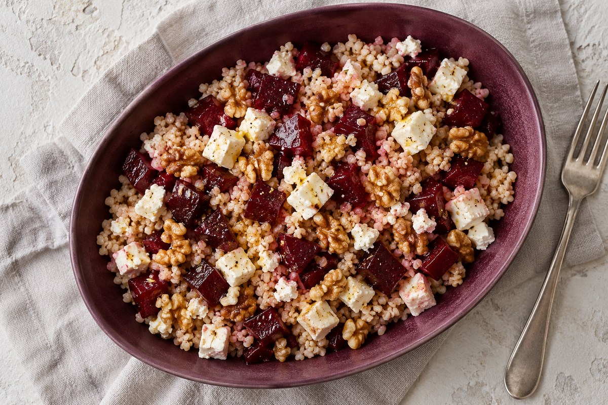 Салат с булгуром, печёной свёклой и фетой