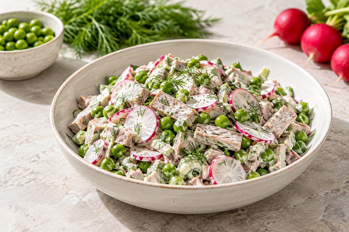 Салат со свининой, редисом и горошком