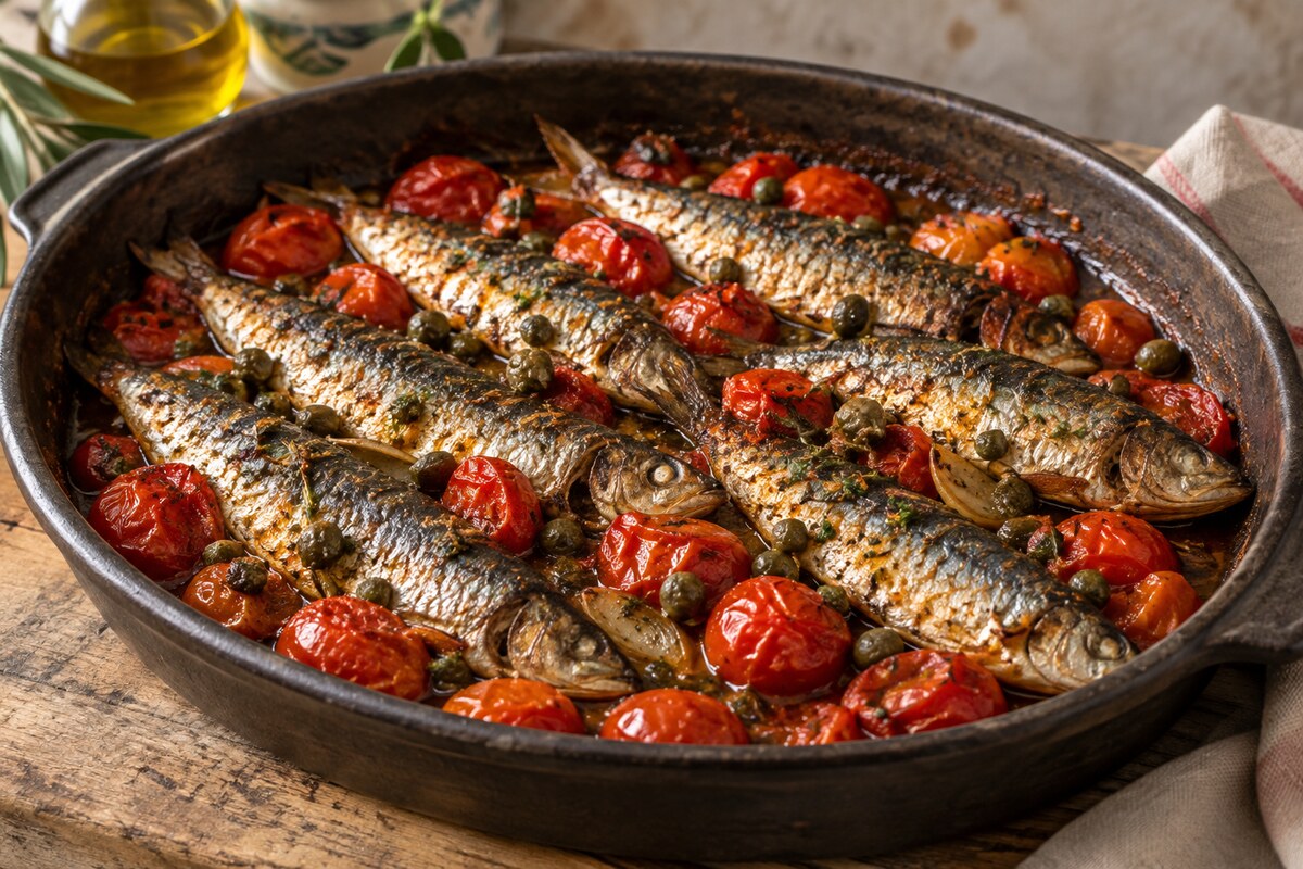 Сардины, запечённые с томатами и каперсами