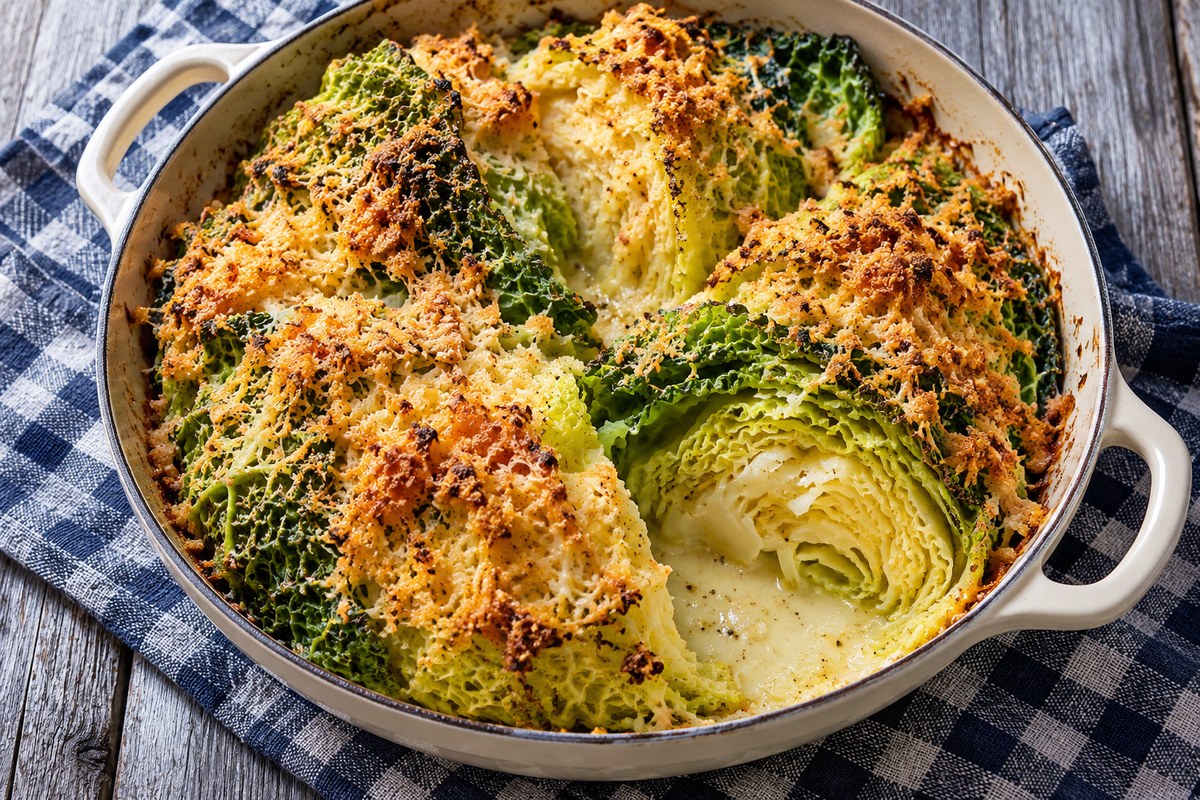 Савойская капуста, запечённая с сырной крошкой