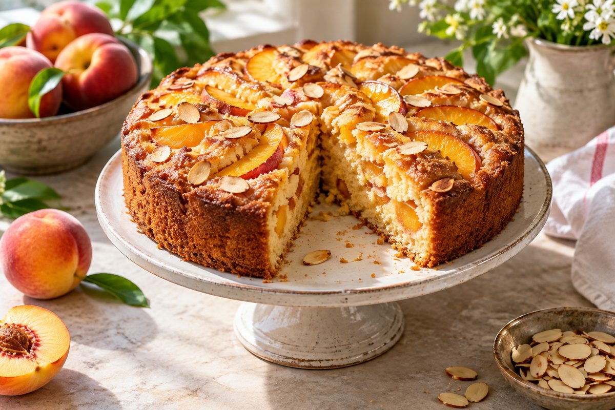 Шарлотка с персиками и миндалём