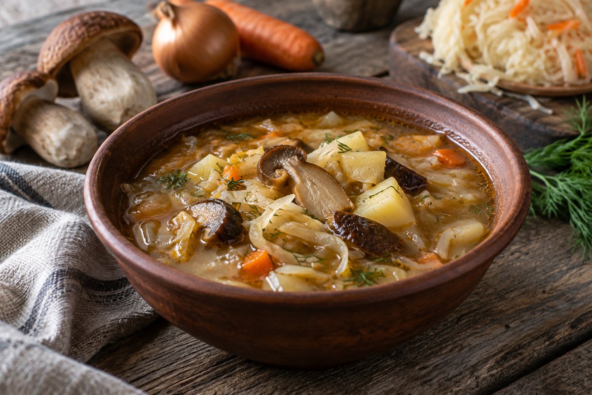 Щи с квашеной капустой и белыми грибами