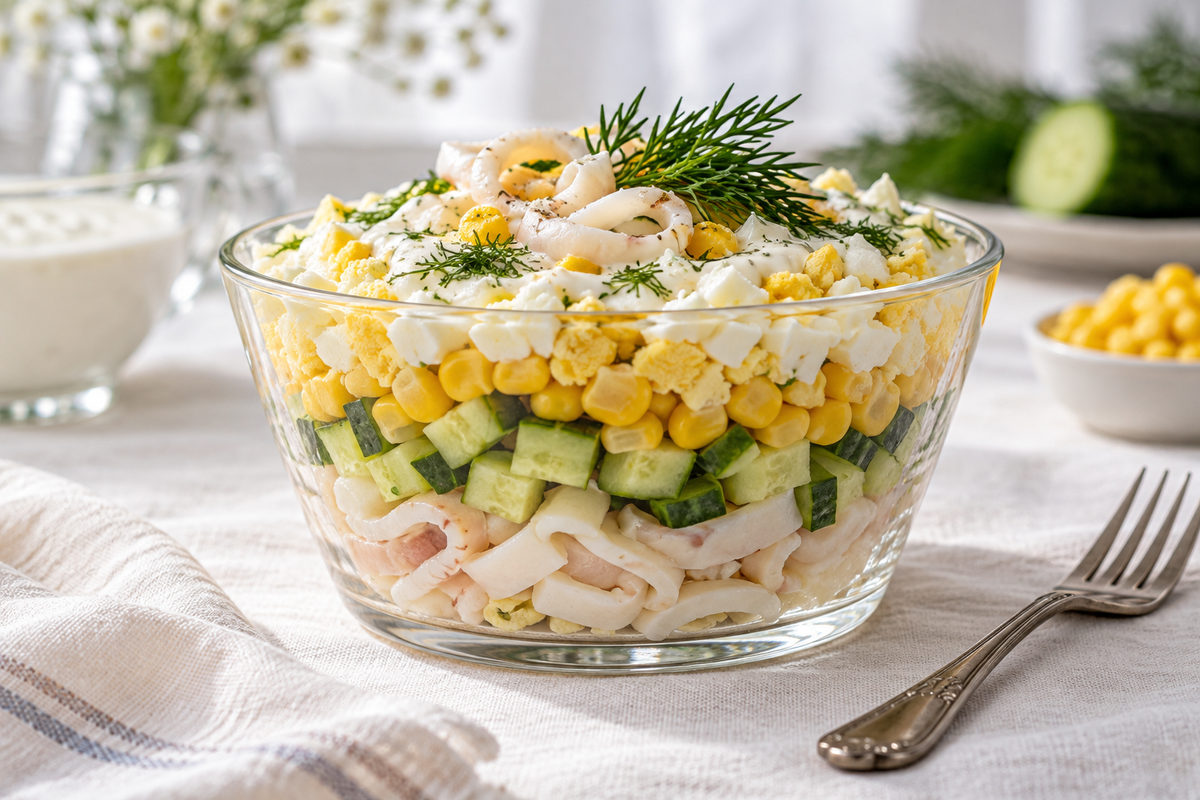 Слоёный салат с кальмарами и кукурузой
