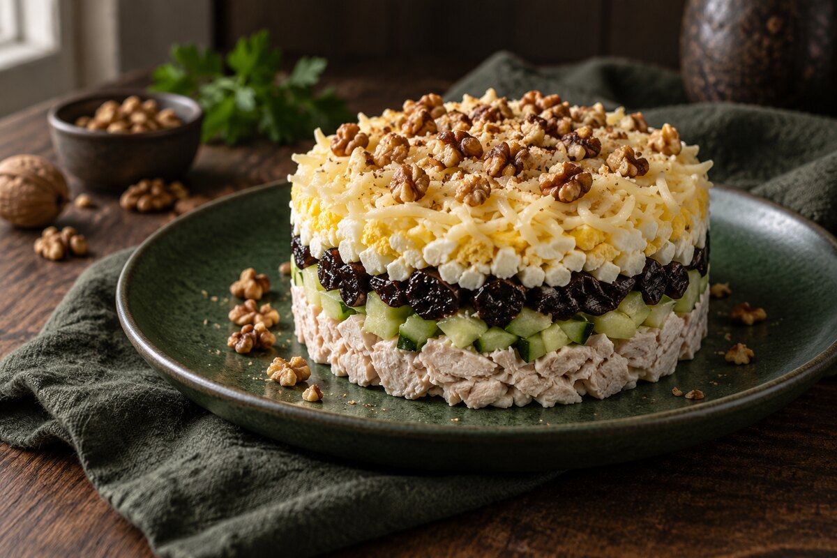 Слоёный салат с курицей и черносливом