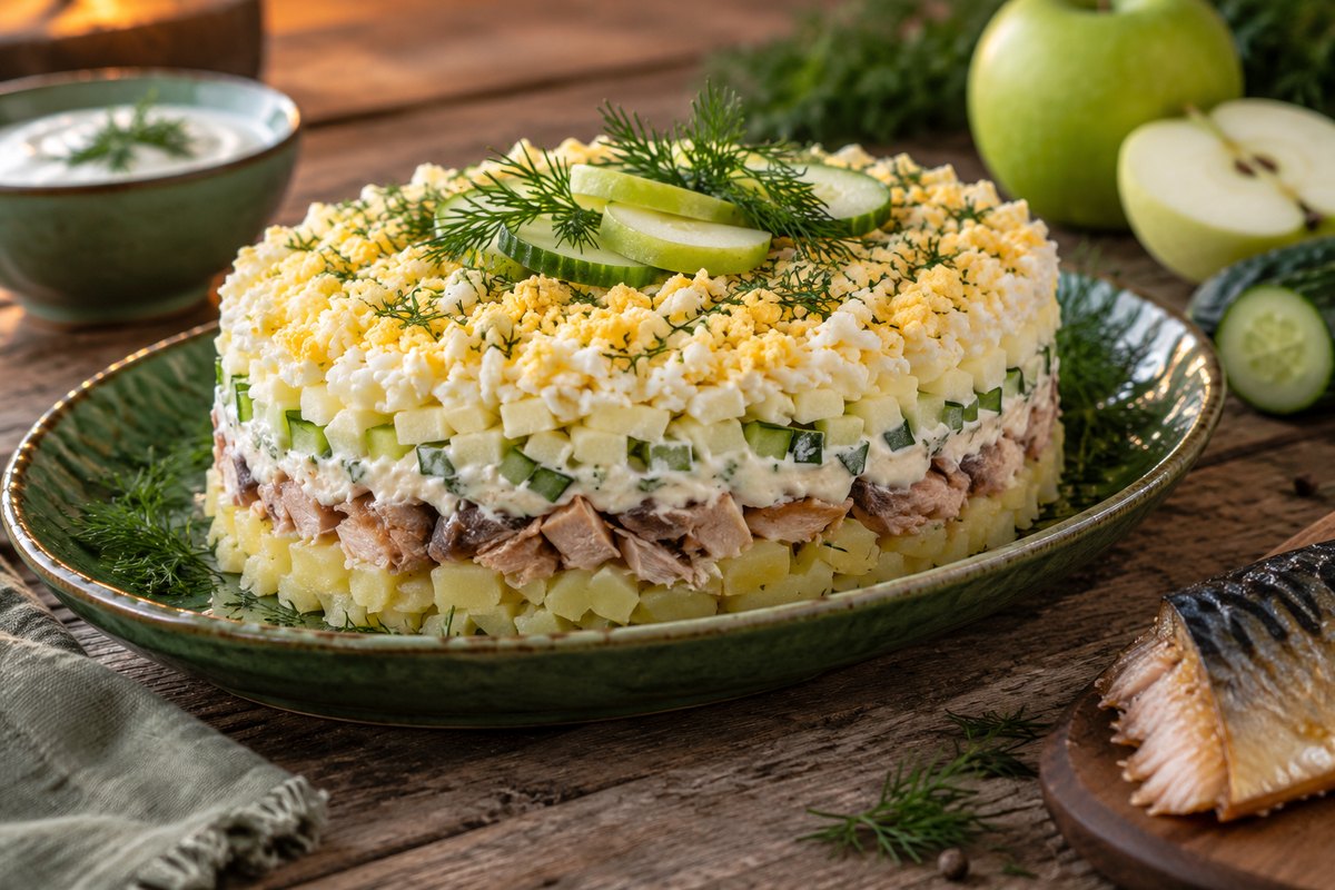 Слоёный салат с копчёной скумбрией