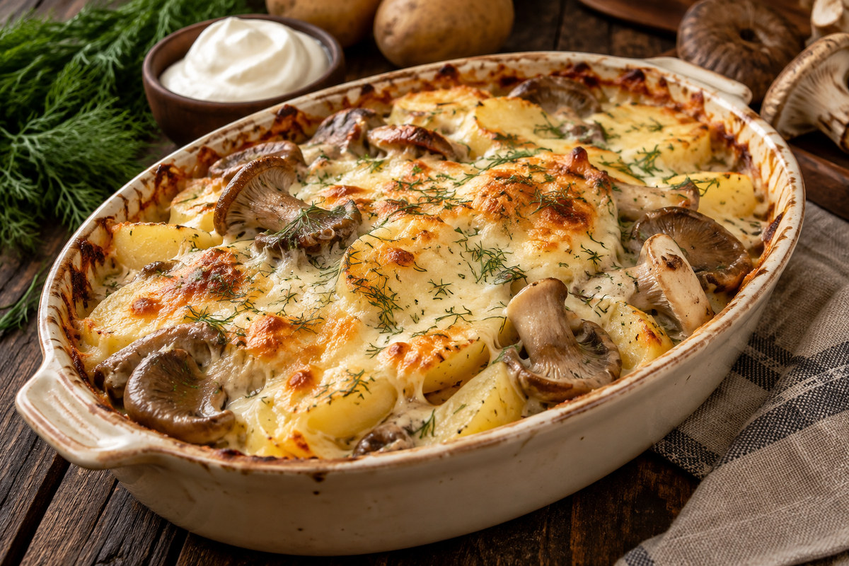 Солёные грузди под сметанной корочкой с картофелем