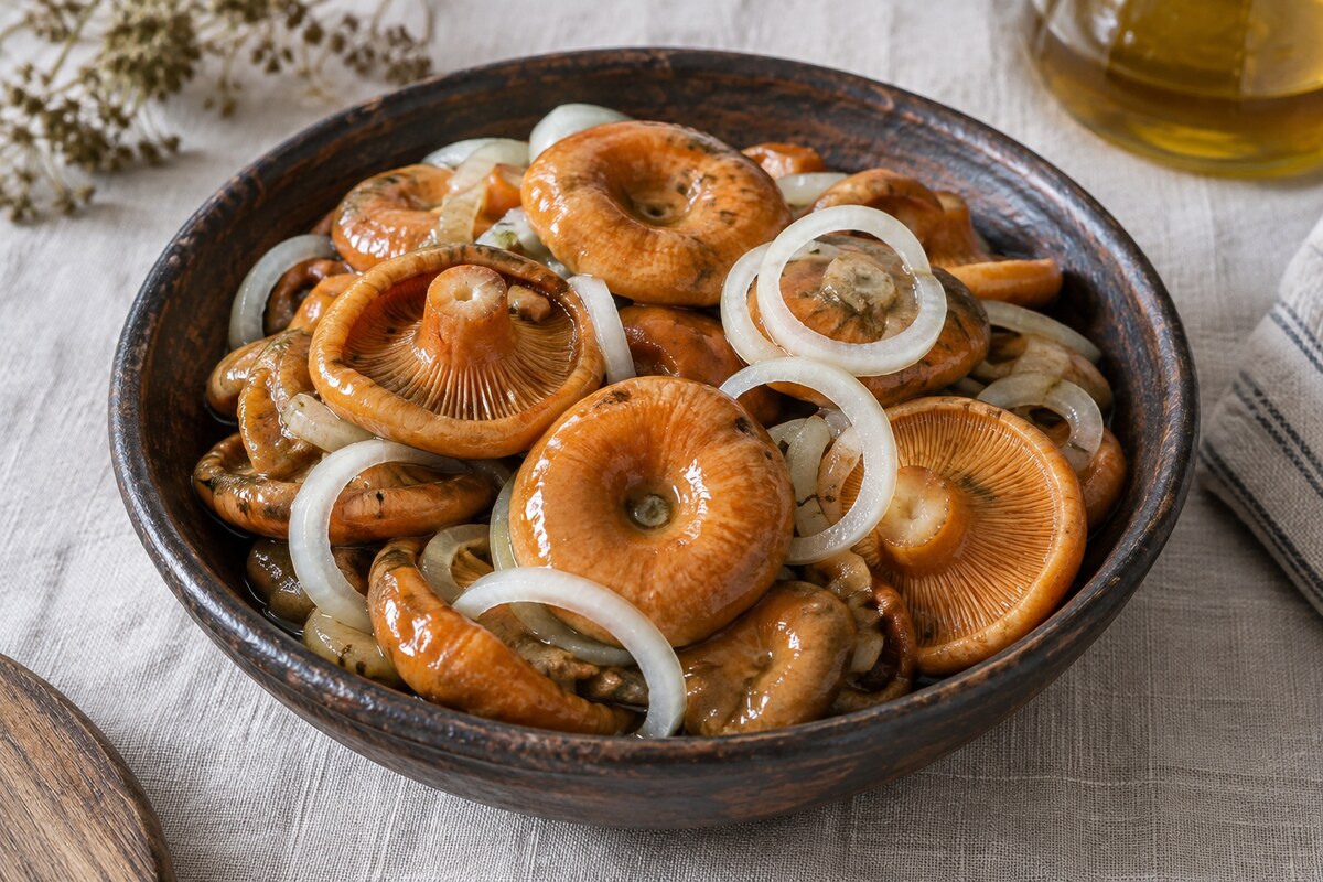 Солёные рыжики с луком и душистым маслом