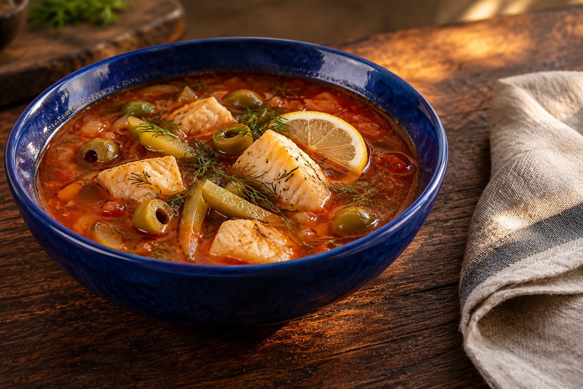 Солянка рыбная с судаком и оливками
