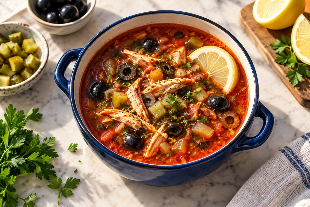 Солянка с копчёной курицей и оливками