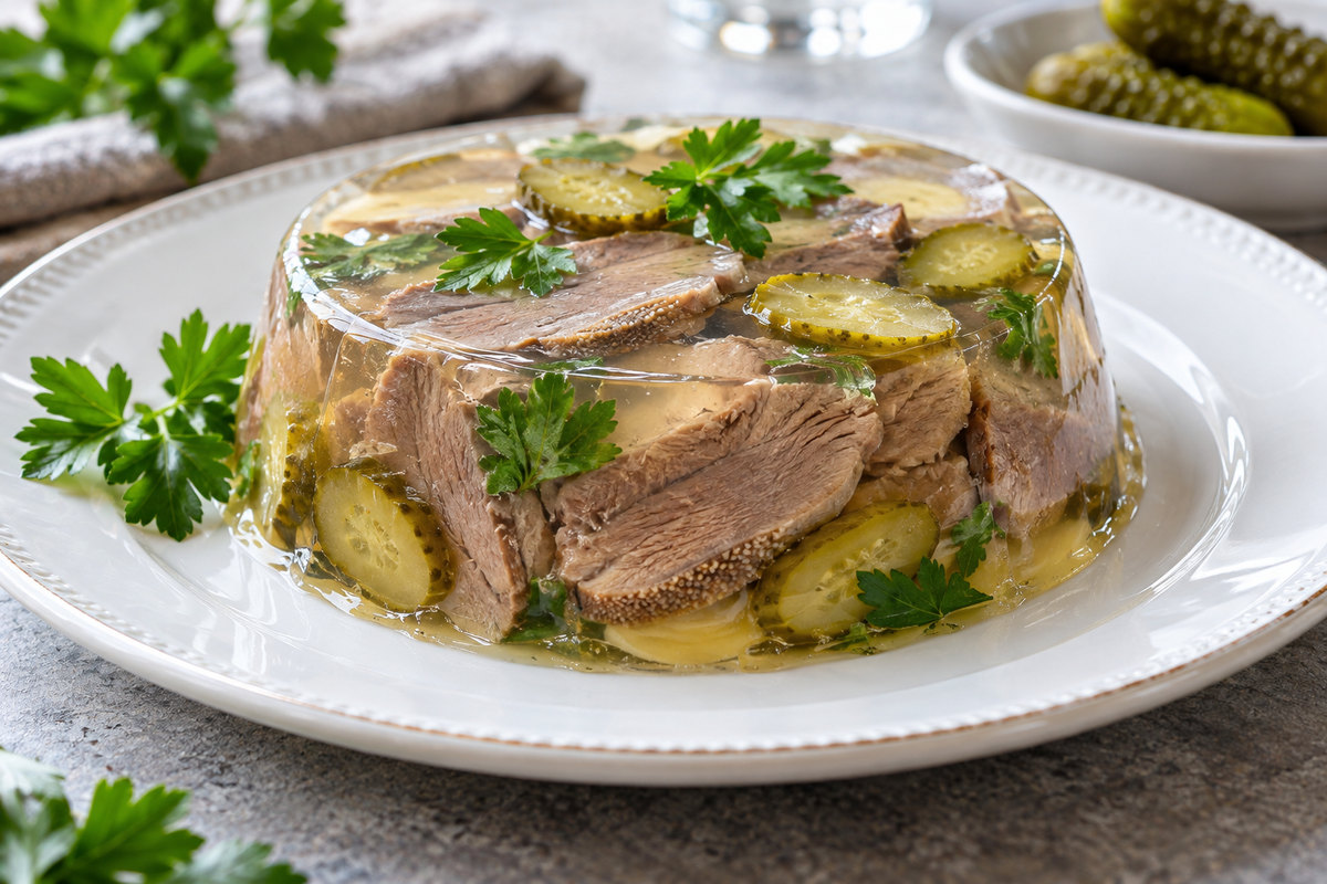 Заливное из телячьего языка с корнишонами
