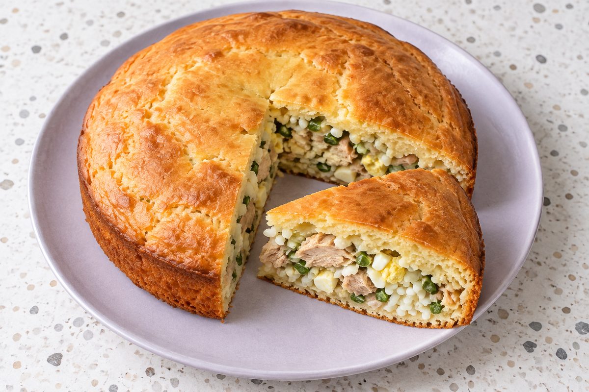 Заливной пирог с тунцом и рисом