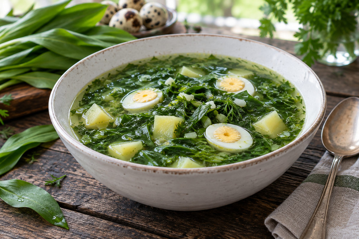 Зелёный борщ с черемшой и перепелиными яйцами